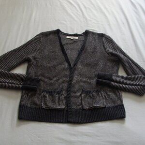 ANN TAYLOR LOFT Silver/Gray STRIPE Long Sleeve WOOL Blend CARDIGAN Sweater Sz M